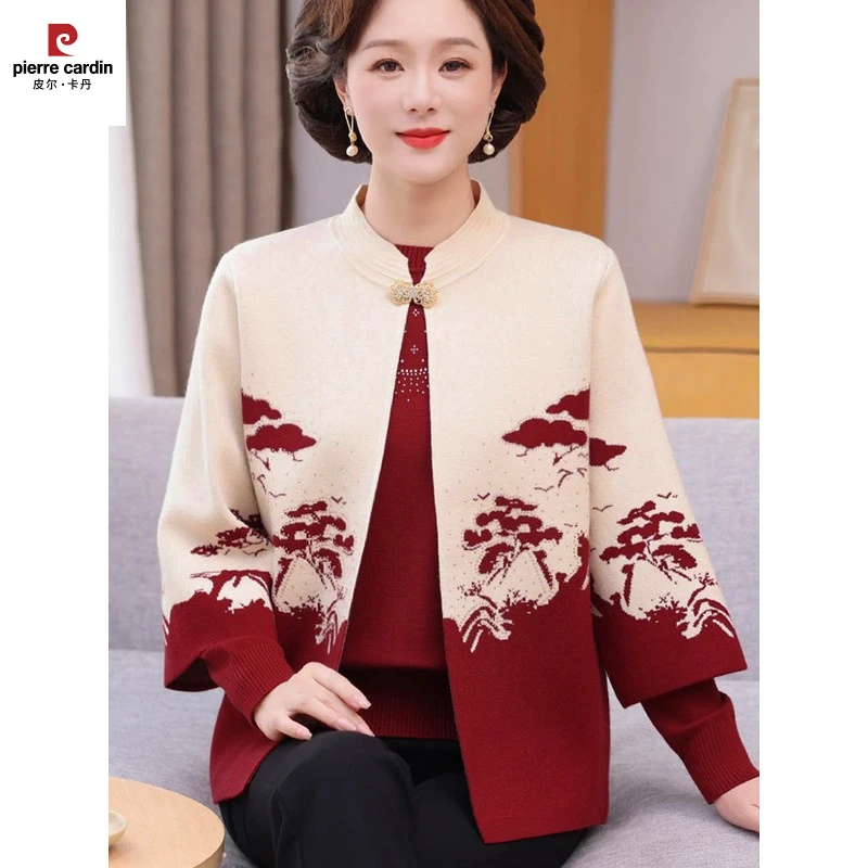 皮尔卡丹洋气妈妈秋装针织结婚礼服两件套装喜婆婆秋冬毛衣中老年
