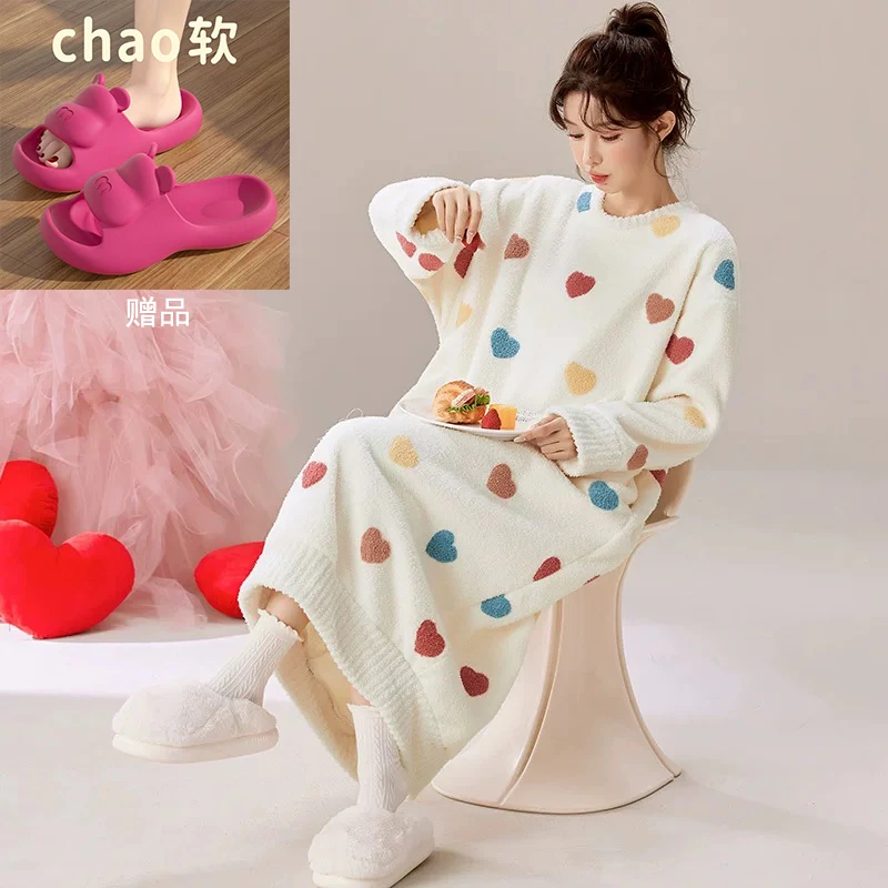 半边绒长款宽松睡裙女秋冬甜美新款白色冬天睡袍女加绒睡袍