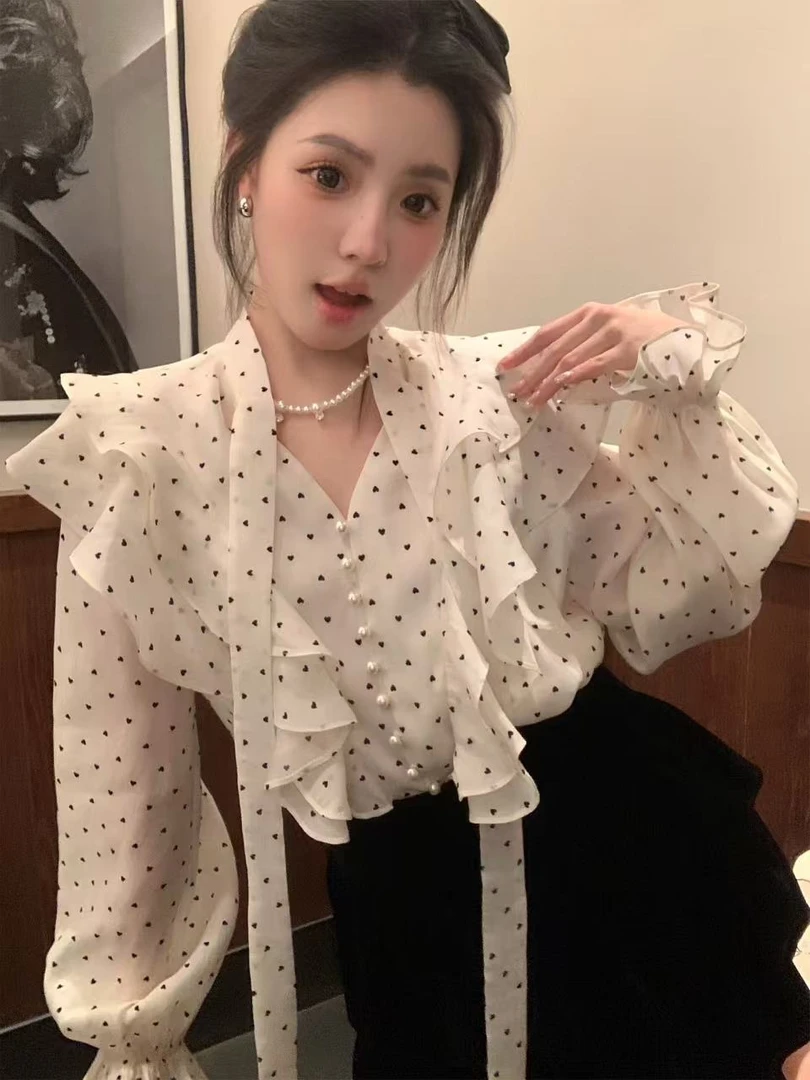 XM6638:法式荷叶边波点系带长袖衬衫2025新款小众时尚气质上衣女