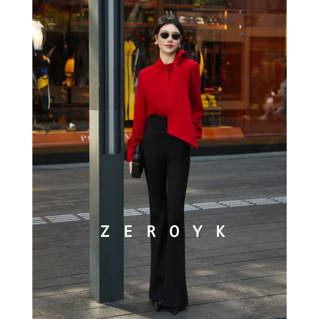 ZEROYK 翎蔻纯色100羊毛衬衫2025秋冬新款气质飘带领时尚百搭衬衣