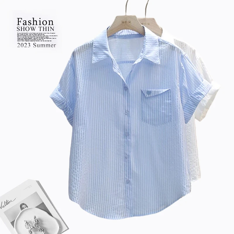 条纹衬衫女2025夏季新款休闲百搭宽松薄款Polo衫小众洋气短袖衬衣