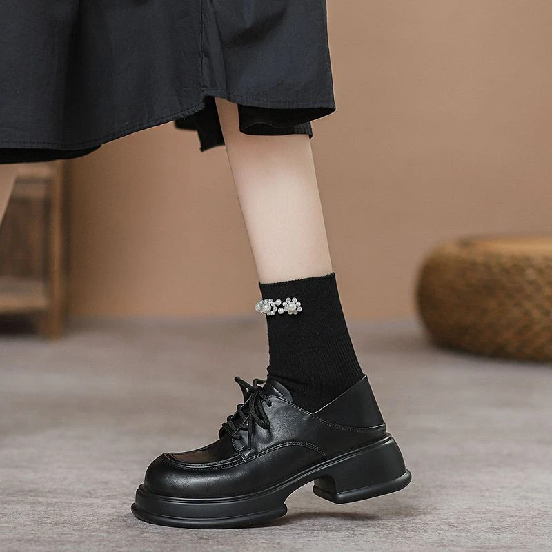 厚底系带小皮鞋女2025年春季新款女鞋子百搭黑色乐福鞋英伦风单鞋