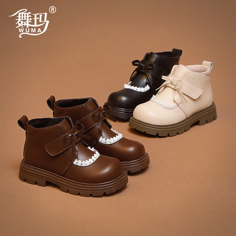舞玛女童鞋子儿童短靴2025秋冬季新款加绒皮靴保暖二棉单靴548618