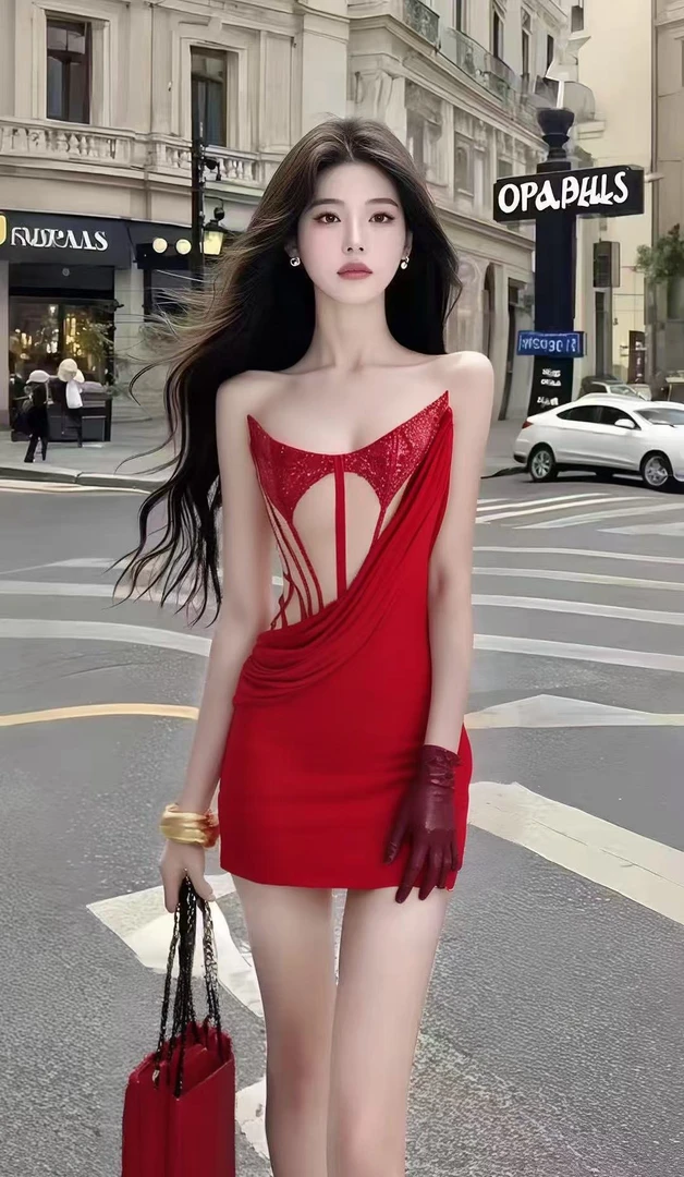 氛围感气质名媛纯欲风法式短裙红色抹胸U领修身收腰包臀连衣裙女
