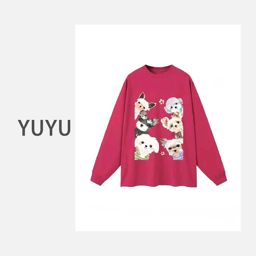 【雪纳瑞】美式潮流可爱狗狗百搭圆领长袖宽松休闲T恤.Y698