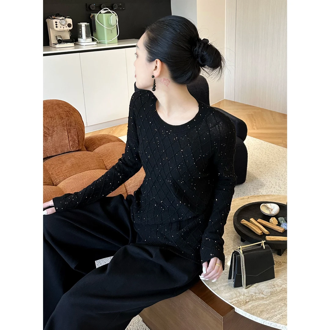 紫紫 香花菱格毛衣 水溶绵羊毛山羊绒不扎珠片针织衫ZD09SMHJ201