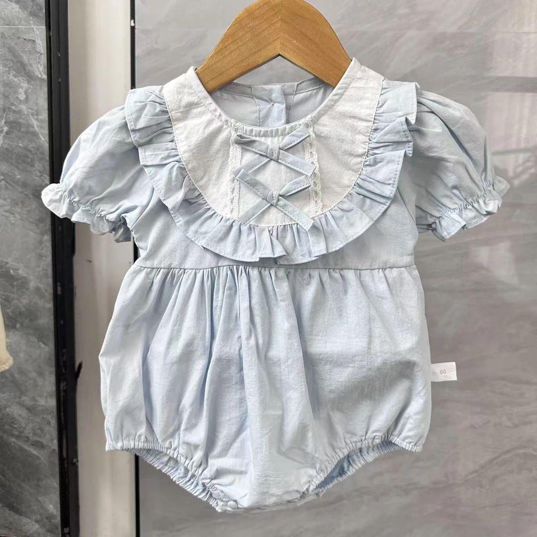 夏季婴儿双蝴蝶结花边包屁衣海盐蓝宝宝简约时尚衣服