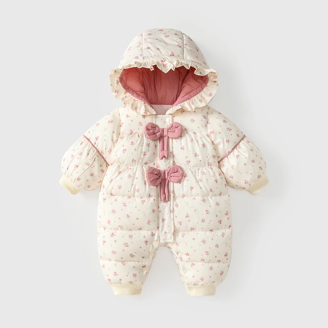 婴儿连体衣秋冬夹棉新生女宝宝棉衣加绒加厚保暖洋气冬季外出棉服