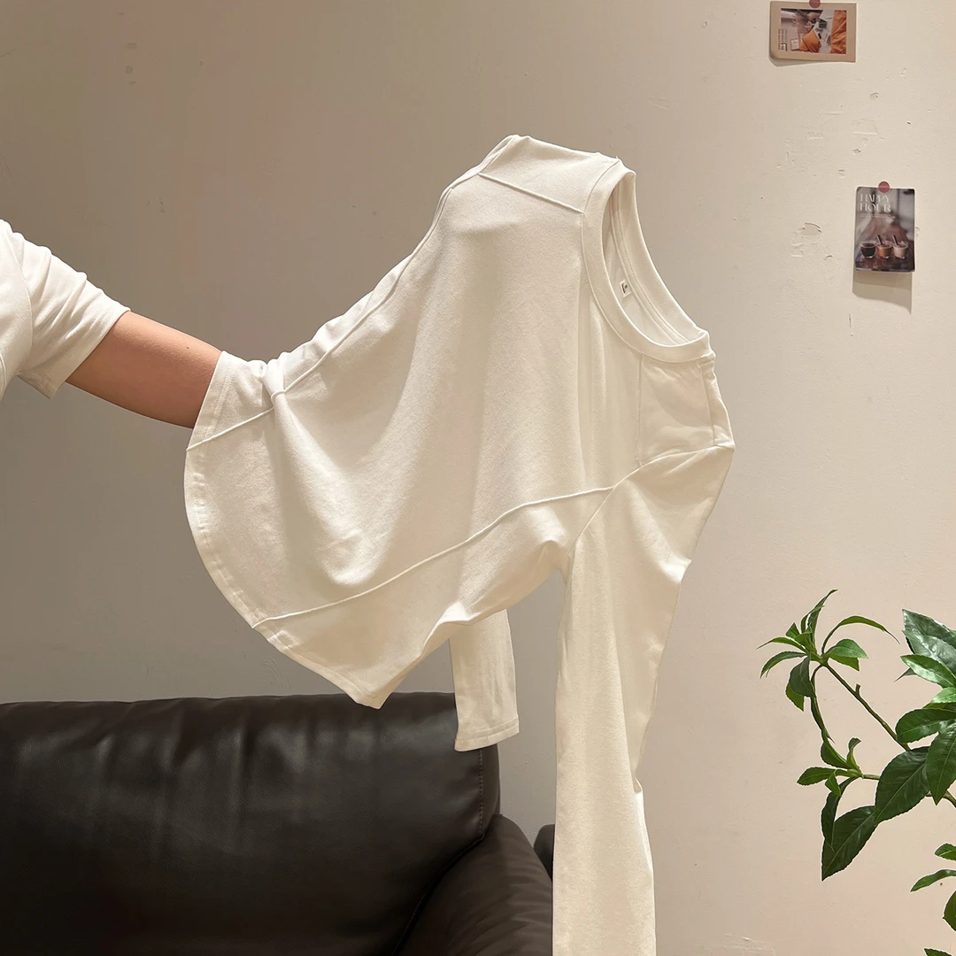 夏珍 白色鱼骨弧形下摆磨毛长袖t恤女2025秋冬新款内搭打底衫上衣