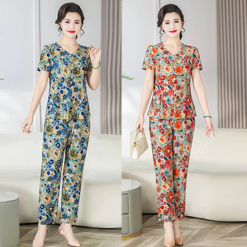V领薄款修身显瘦短袖碎花套装中老年女气质遮肉妈妈装夏季两件套