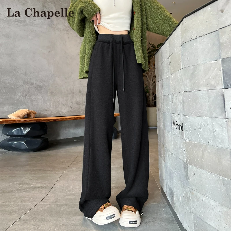 拉夏贝尔松弛感毛呢阔腿裤女秋冬加绒爆款高腰宽松遮胯运动卫裤子
