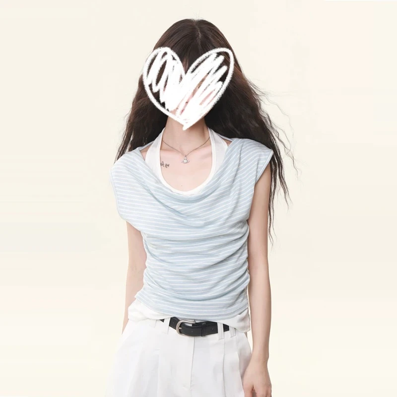 梦优莱/假两件条纹荡领短袖t恤女装夏季新款甜美可爱风格出游上衣