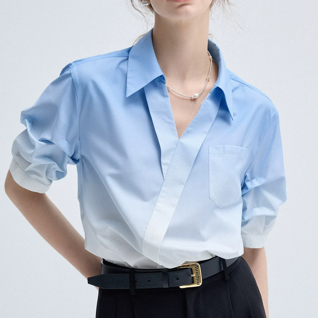 韩系设计感渐变V领短袖衬衫女夏季新款别致气质衬衣时尚百搭上衣