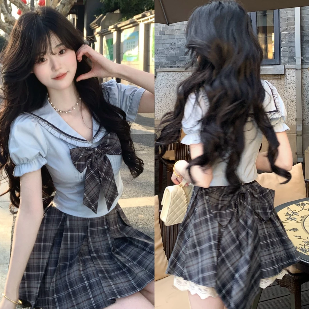 Blovelan蓝屿格 蝴蝶结甜美V领衬衫套装格纹百搭半裙