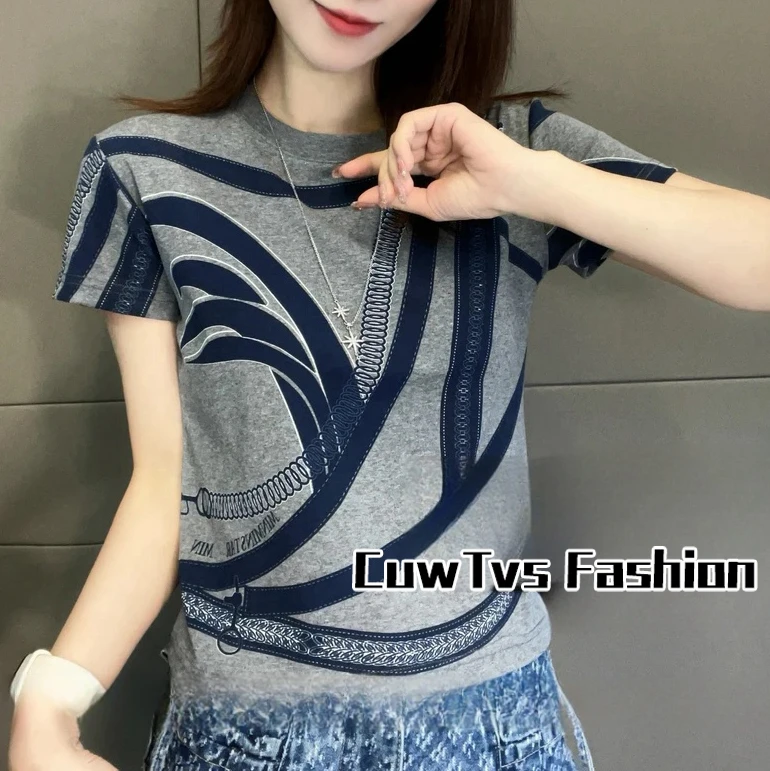 时尚线条印花优质棉短袖T恤女2025夏季新款洋气减龄气质显瘦上衣