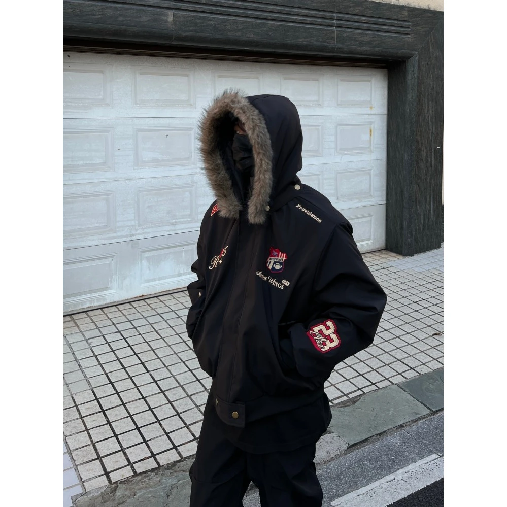 美式hiphop夹棉飞行夹克座山雕刺绣棒球服拆卸连帽情侣冬季棉服