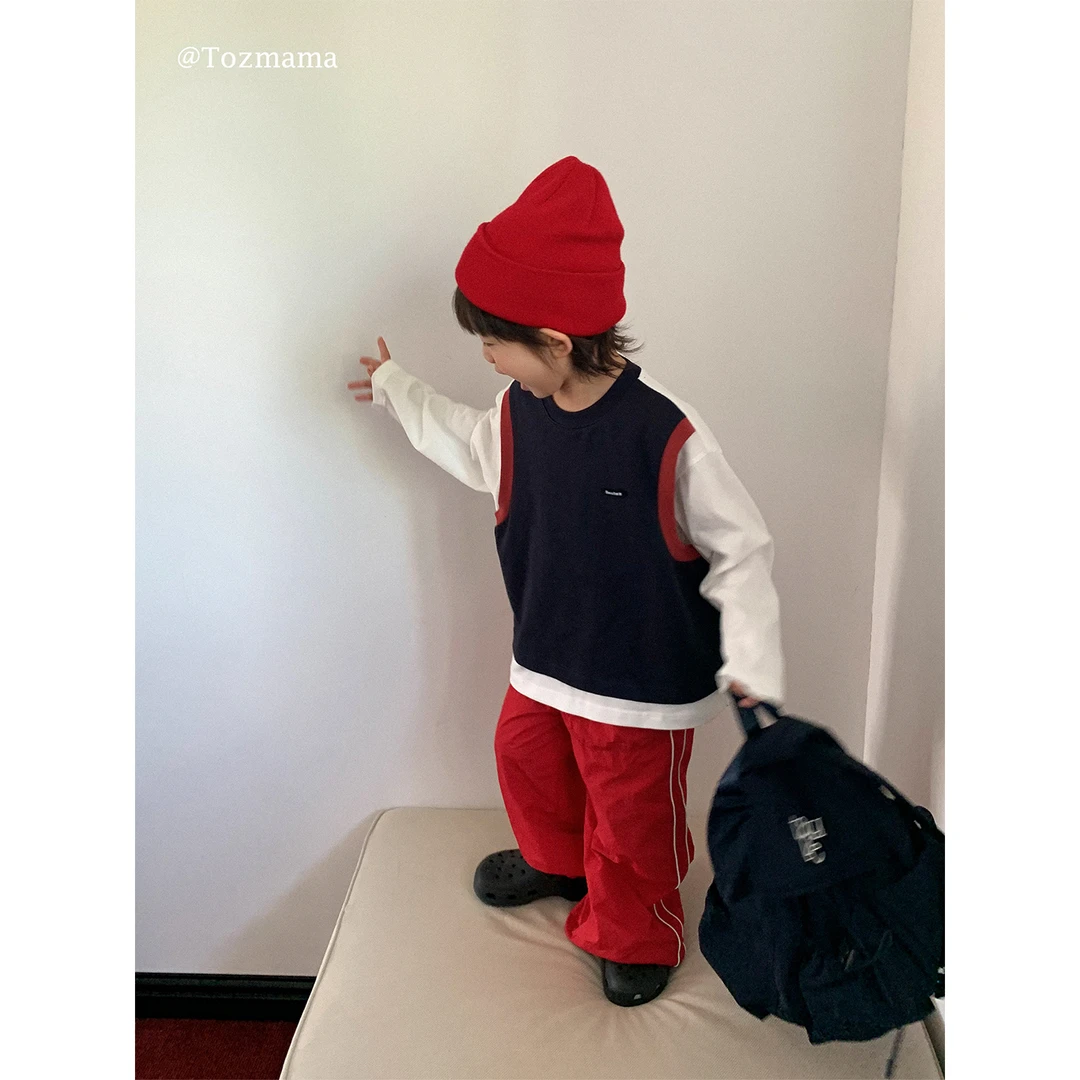 豆几妈 7/8 儿童秋装拼色假两件圆领长袖T恤+立体口袋百搭休闲裤