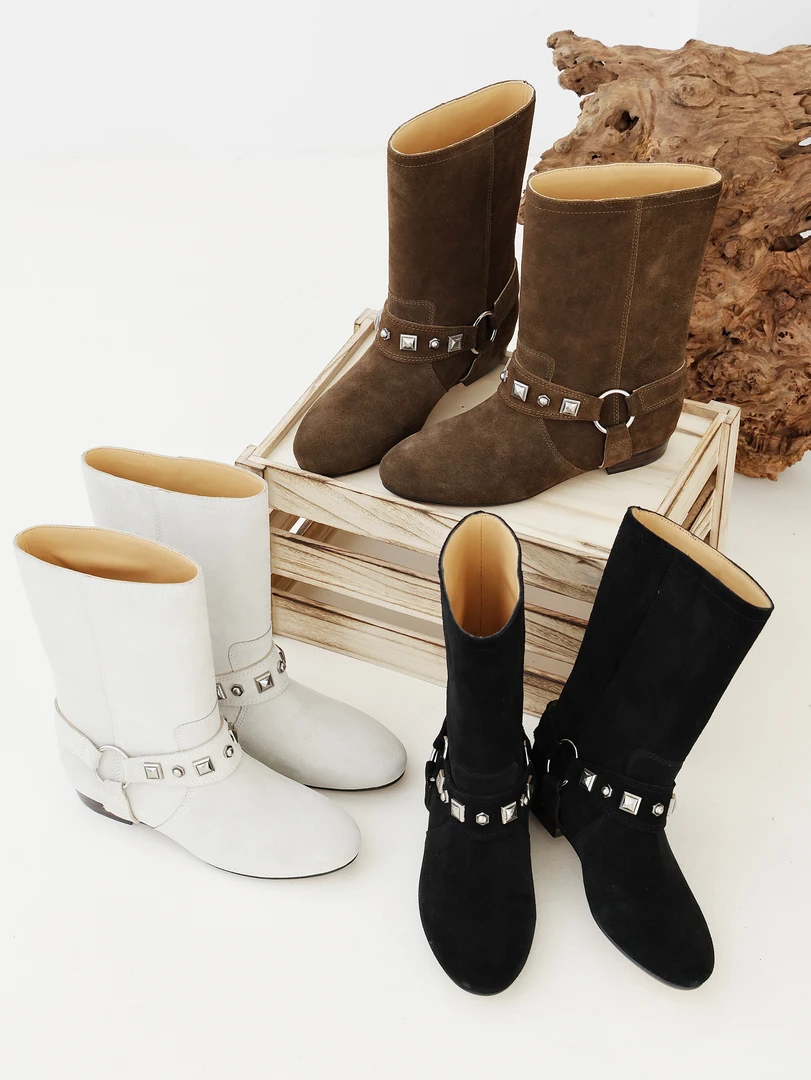 InkingPot彭姐 复古铆钉牛皮中筒靴女圆头西部牛仔短靴轻便直筒靴