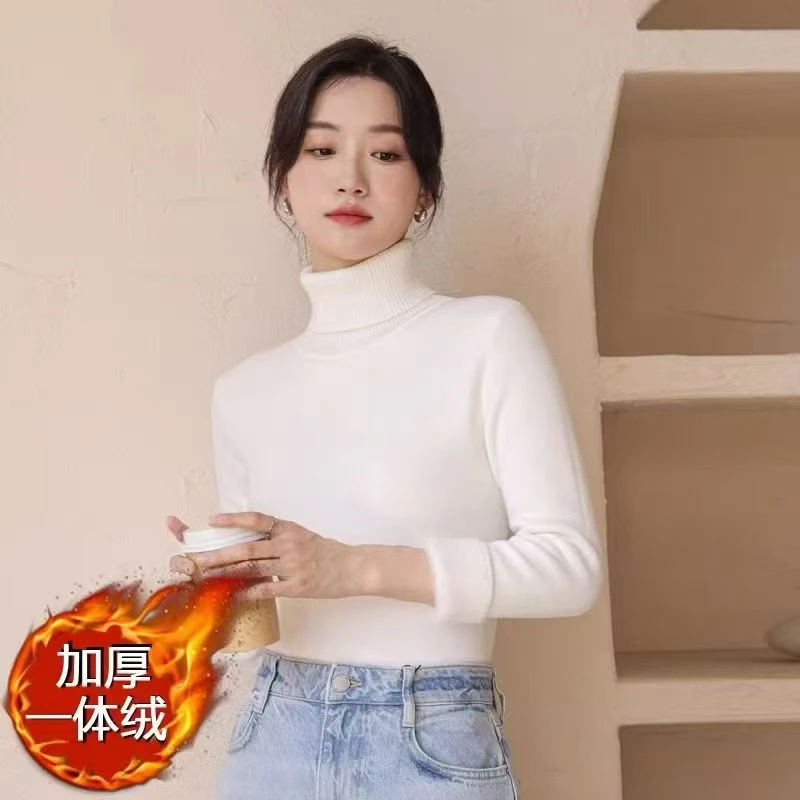 高领毛衣套头一体绒针织衫