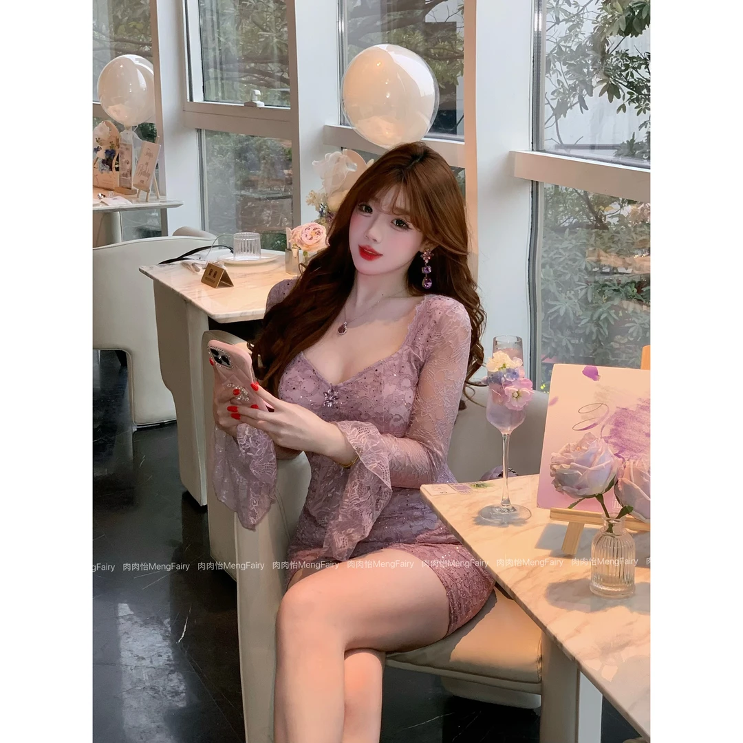 萌面侠肉肉怡【黛妃女神】淡紫色气质收腰性感蕾丝连6805B