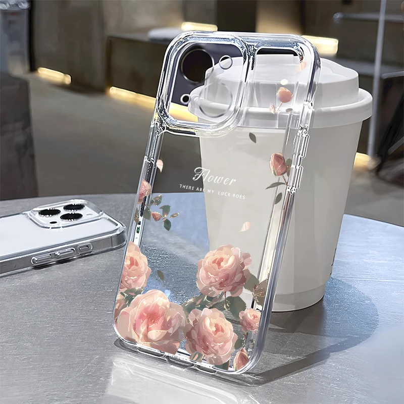 透明玫瑰花适用iphone16promax手机壳苹果15新款14全包防摔13/12