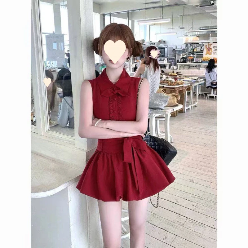 法式小个子甜美气质高级感车厘子红兔耳衬衫领系带花苞连衣裙女夏