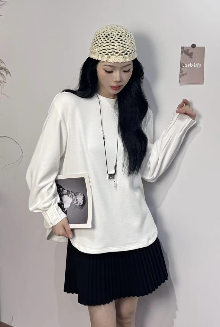 8311#冬季新款袖口褶皱大板型宽松中长款百搭软糯加厚T恤打底衫女