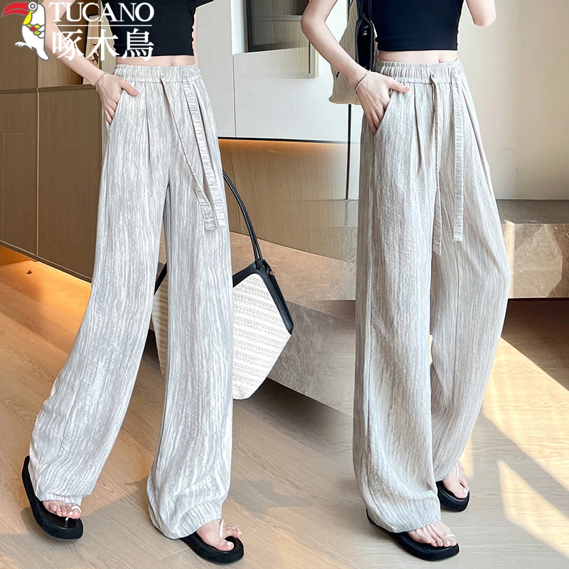 TUCANO/啄木鳥夏季新款女百搭弹力休闲拖地高腰垂感冰丝休闲长裤