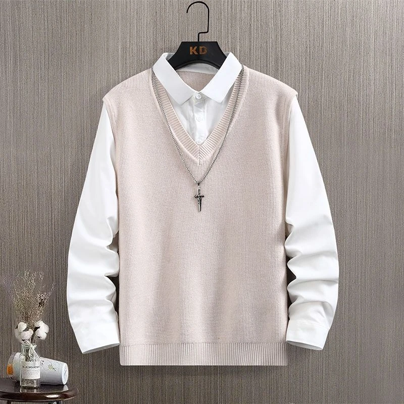 高品质秋冬季新款假两件文艺韩版衬衫领毛衣男士休闲青年打底衫潮