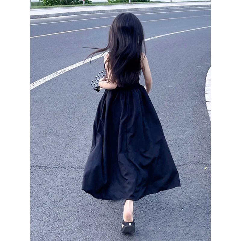 LABUBUBU女童连衣裙夏季儿童小黑裙休闲针织长裙无袖裙子潮