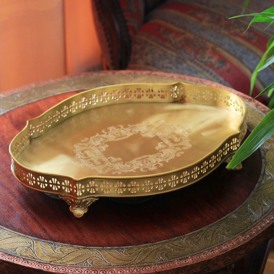 大鱼美居 北欧轻奢复古黄铜雕花镂空大芒果高脚托盘 家居收纳摆件