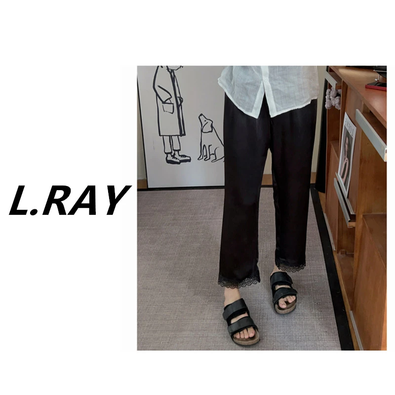 L.RAY-【原创醋酸冰凉裤 】黑色蕾丝花边直筒九分裤~ 巨巨巨显瘦
