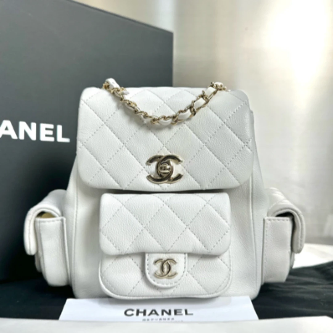 95新 Chanel/香奈儿 23K小号白金粒面牛皮双肩包