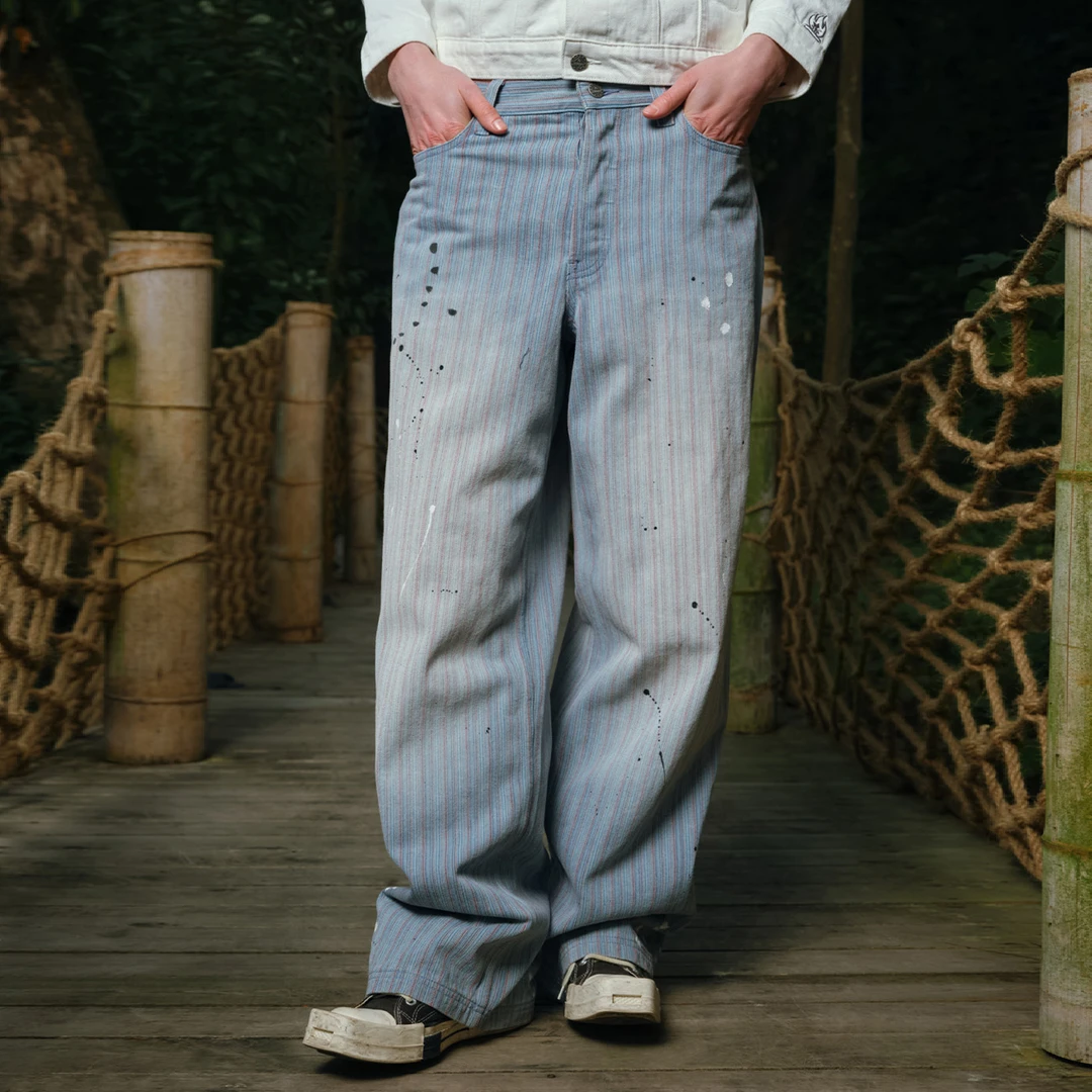 BURNIN*做旧泼墨彩线牛仔长裤休闲裤春夏宽松经典透气男士