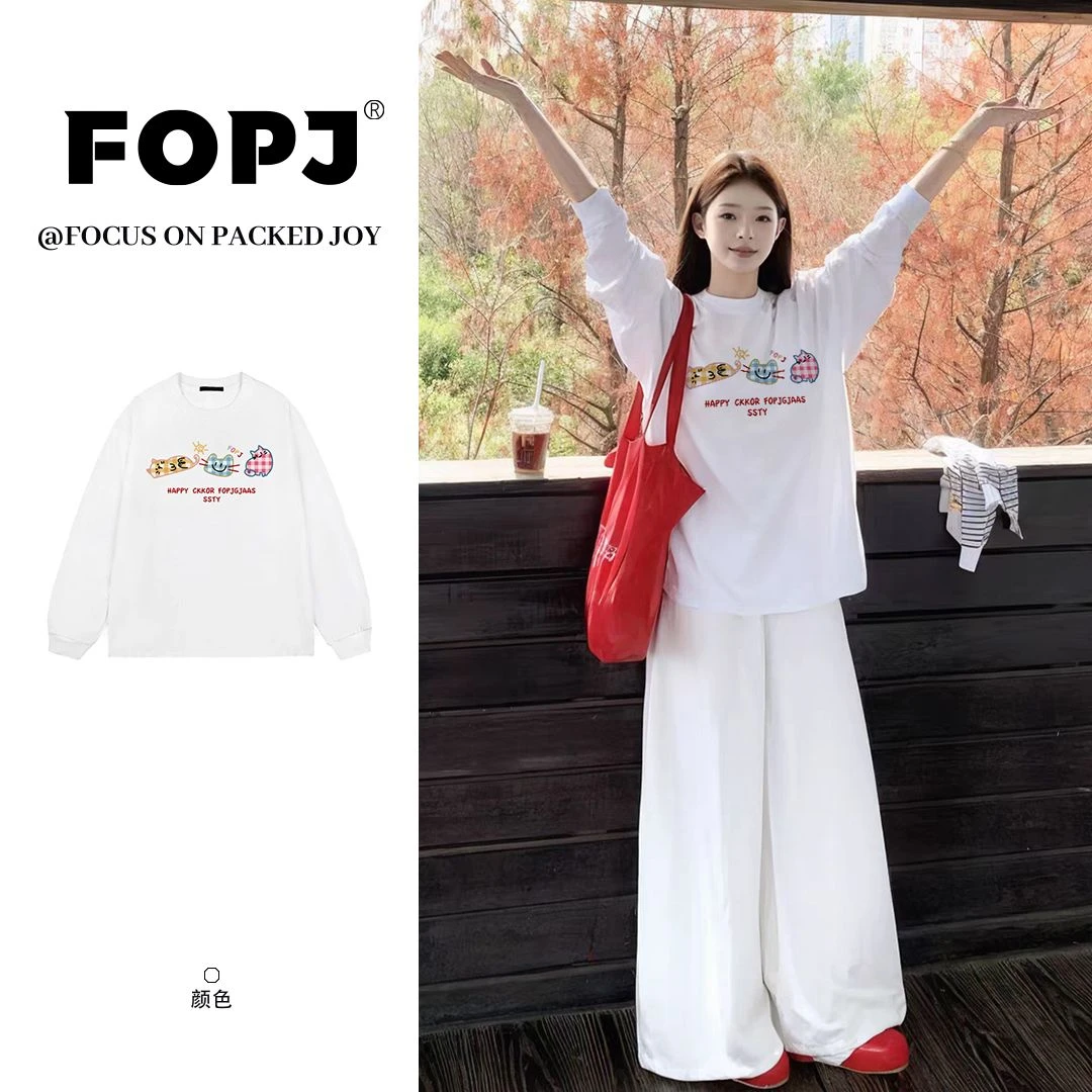 FOPJ韩系慵懒风格子猫咪印花长袖t恤女早秋新款宽松百搭圆领上衣