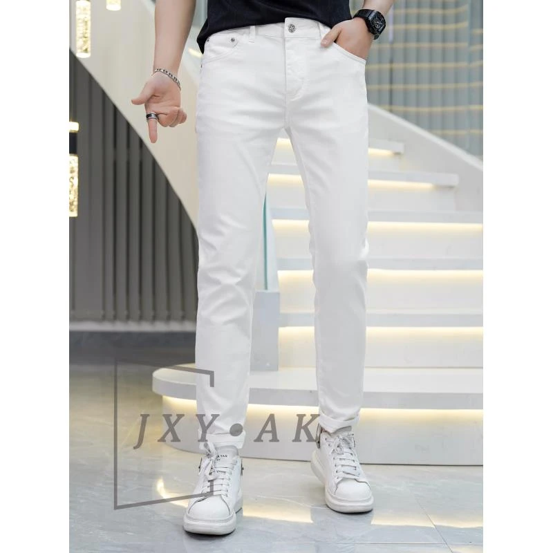 【莫斯吉尔】春秋高端休闲白色经典潮流百搭时尚修身小脚男士牛仔裤
