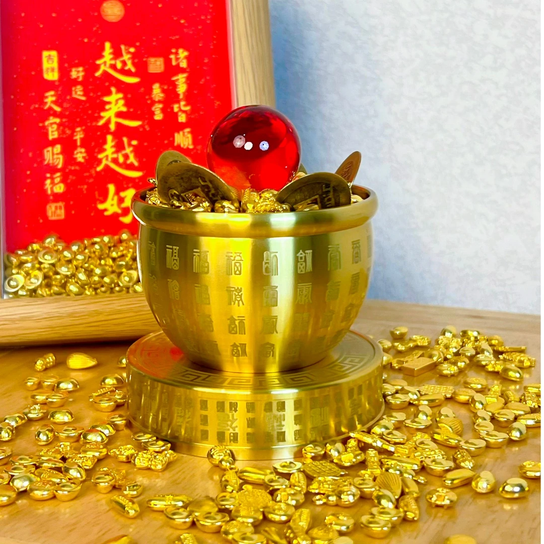 （满盆10种吉祥物➕百福缸整套）满盆带底座红珠家居摆件