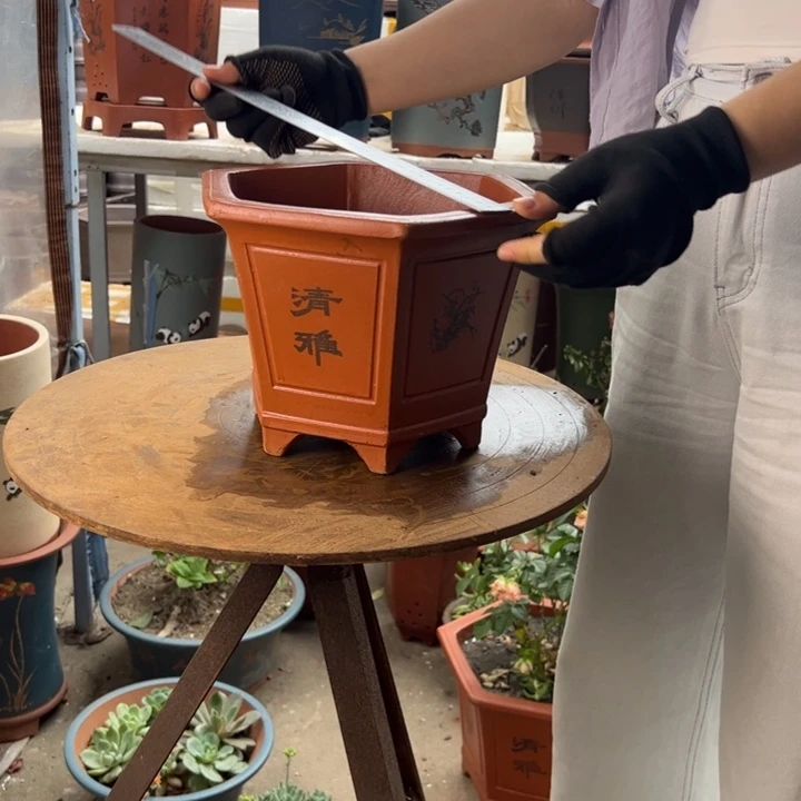 宜兴紫砂花盆25红清雅六方