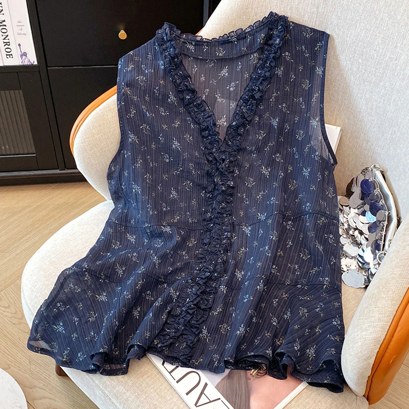 v领显瘦碎花背心女士2025夏季薄款胖mm修身宽松遮肚休闲无袖上衣