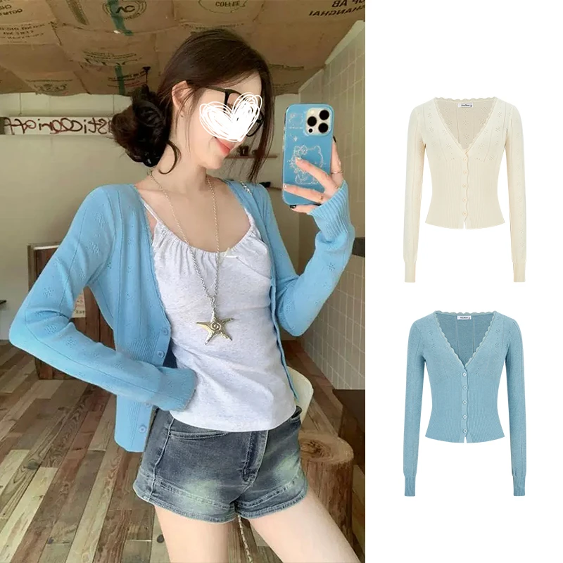 Moses Queen/魔西女王蓝色镂空针织开衫女春秋外搭薄款小披肩外套