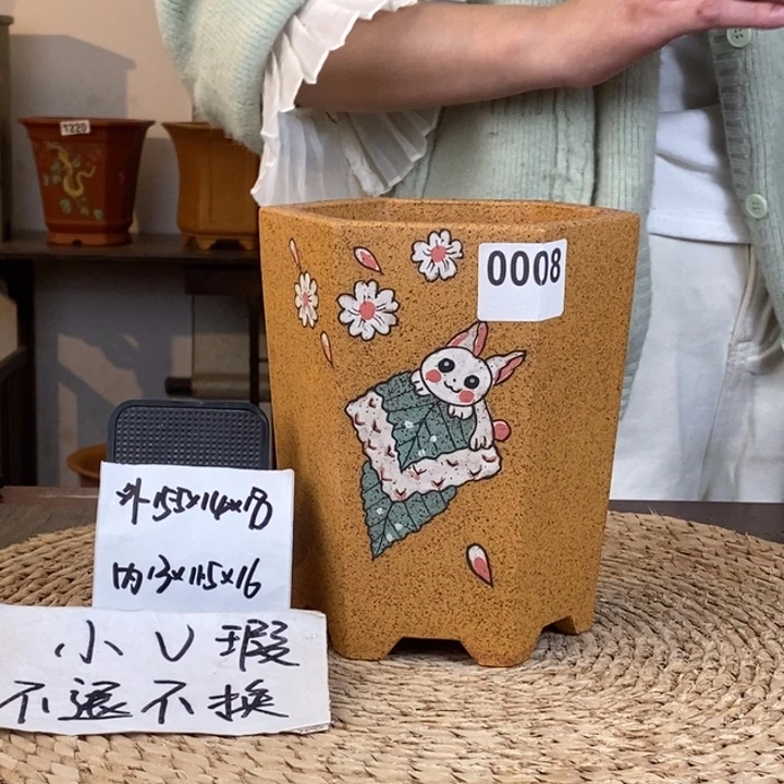 花盆紫砂   微微瑕柴烧彩绘六方0008