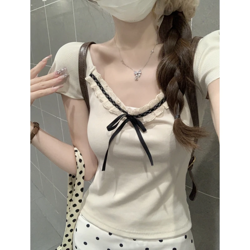 千金风减龄蕾丝V领打底上衣女春夏收腰chic蝴蝶结系带内搭短袖T恤