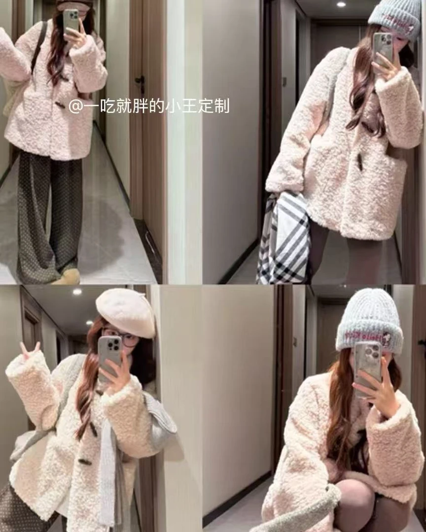 【小王家】短外套立领加厚牛角扣中长款女保暖休闲风皮毛一体外套