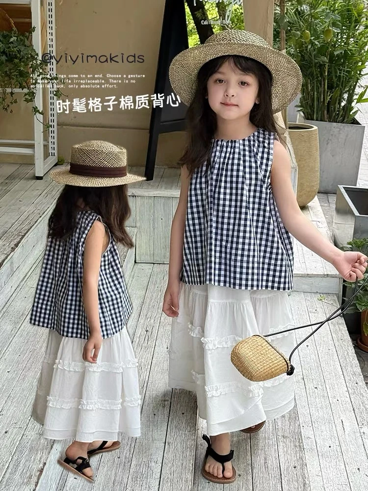 【现货】夏装新款纯棉女童森系棉布无袖衬衫格子背心上衣25C069