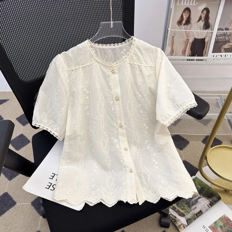 100%棉夏季新款刺绣短袖上衣女轻奢洋气百搭绣花设计感衬衫女