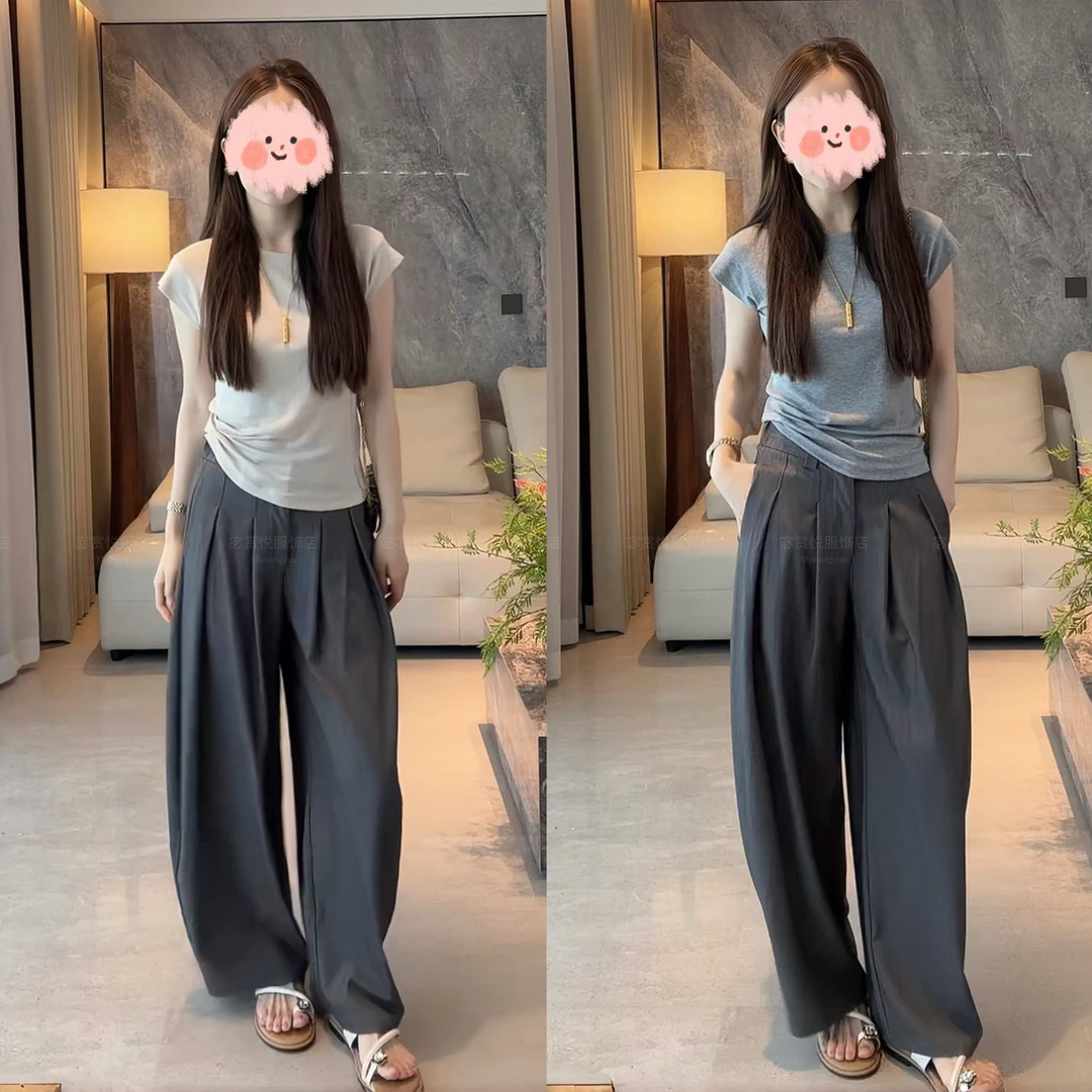 2025夏季时尚简约修身短袖T恤上衣显瘦百搭轻薄透气休闲裤套装女