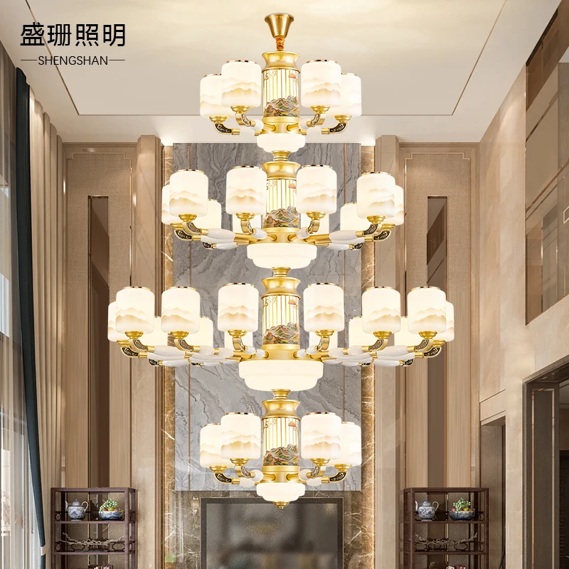 万里江山全铜复式楼别墅客厅玉石大吊灯中空楼中楼酒店大厅灯具