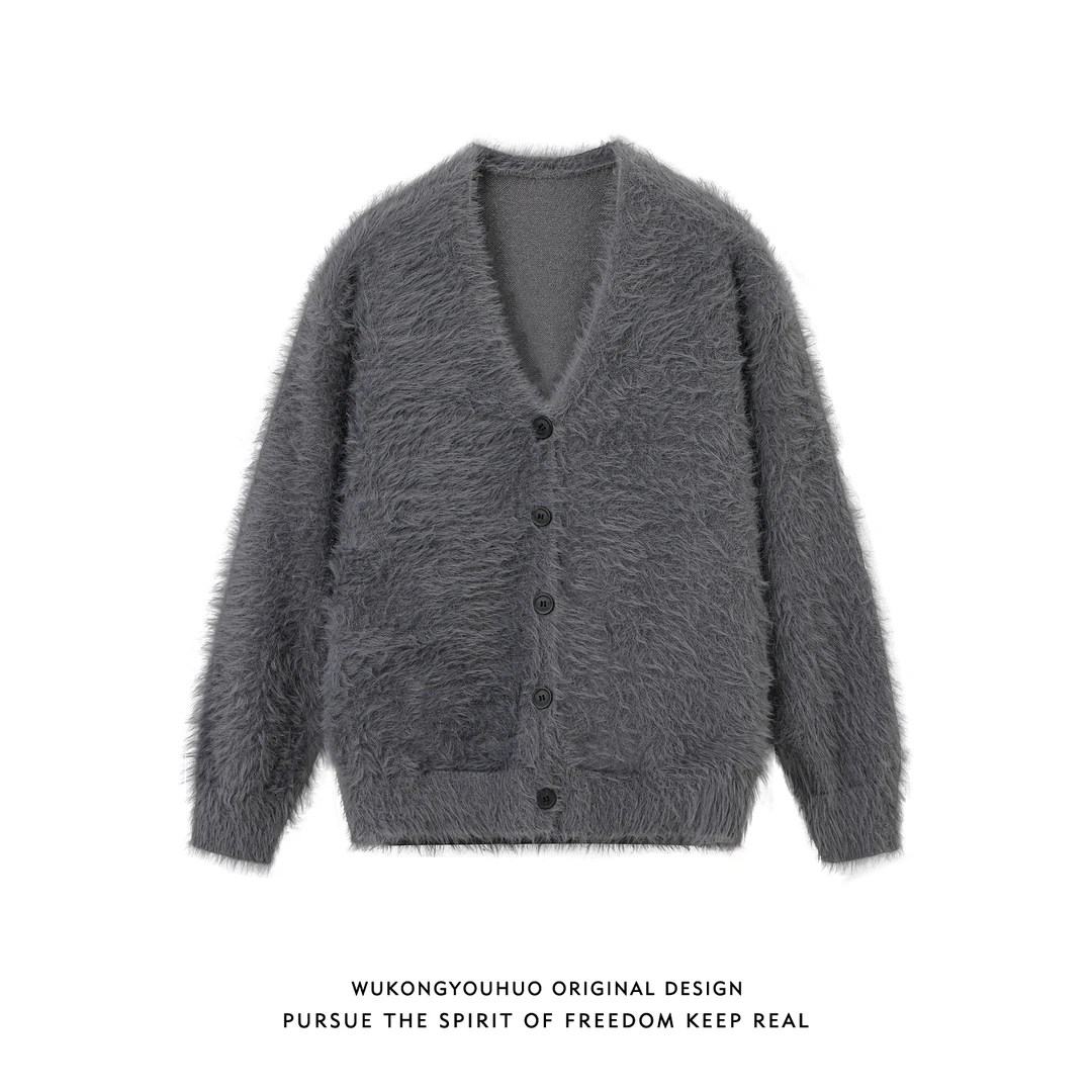 悟空有货复古马海毛V领开衫毛衣男女秋季美式宽松情侣针织衫外套