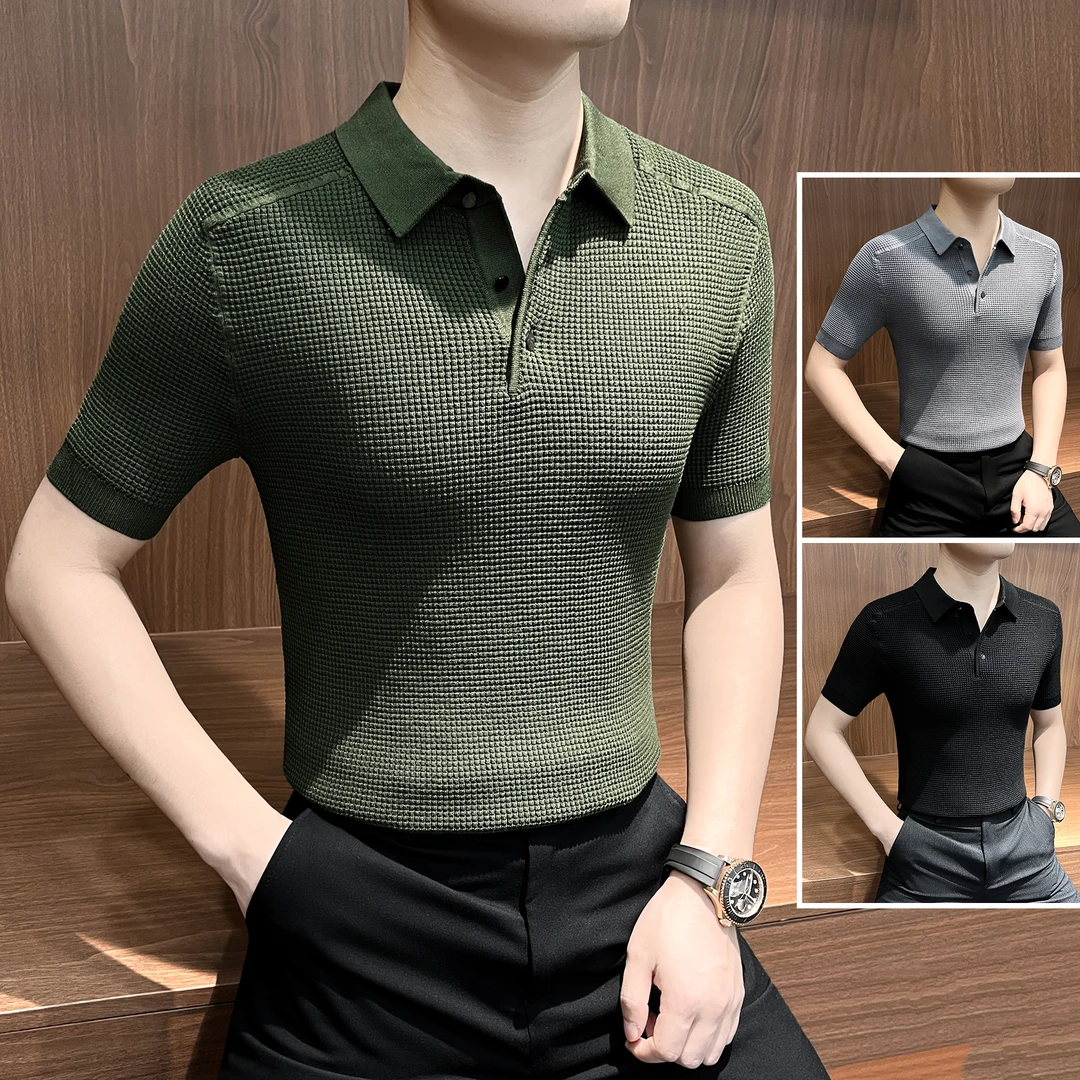 镂空针织polo衫男款秋季薄款30-45岁上档次高级感弹力男士t恤短袖