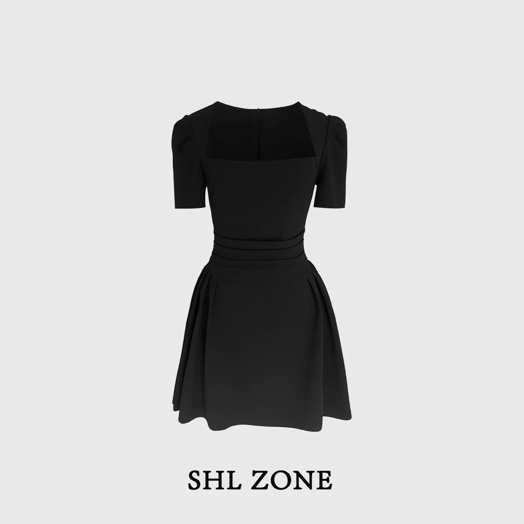 舒胡蕾 廓形日常 短款连衣裙时尚气质黑色法式收腰方领设计师